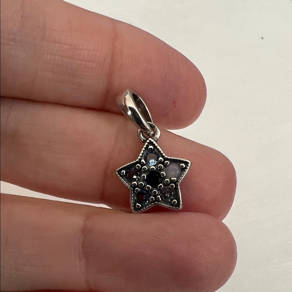 Pandora Bright Star Sterling Silver Pendant Dangle Charm With Blue Crystals